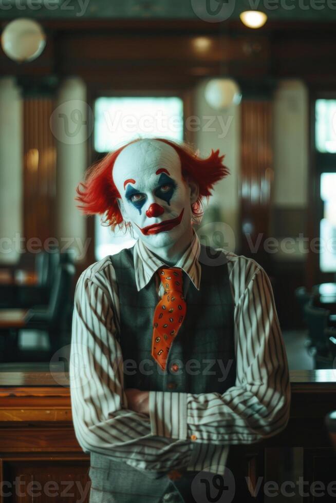 Confident clown in formal attire with folded arms in a stylish office setting photo