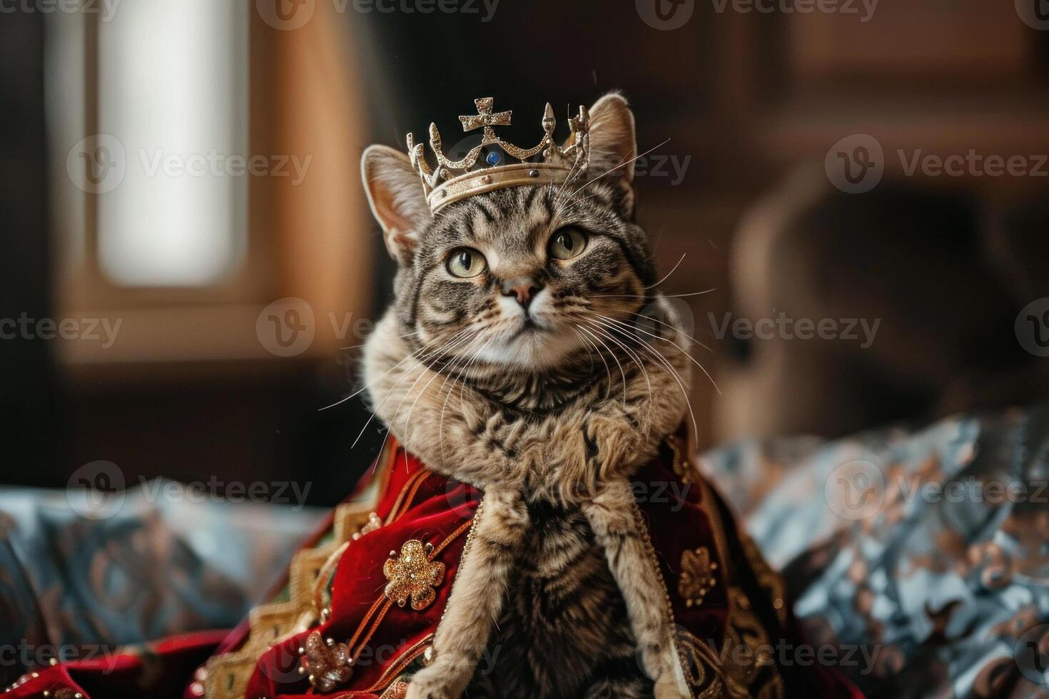 Regal cat adorned in a luxurious king's attire, including a shimmering crown, radiates royal grace against a blurred home setting photo