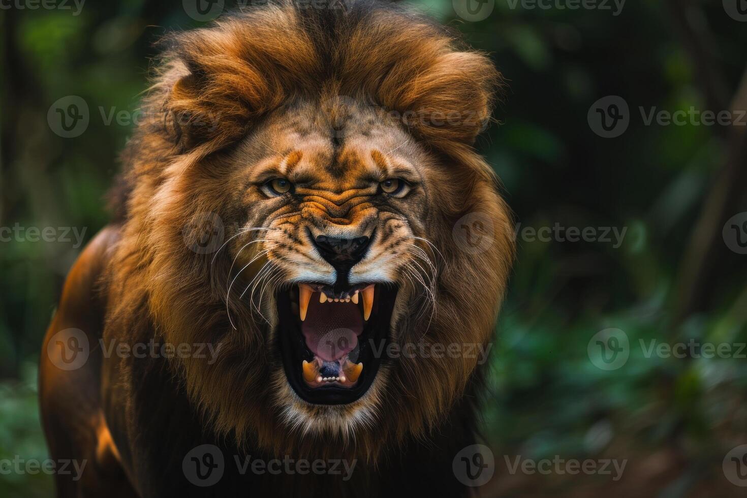 Powerful male lion roaring showing its teeth photo