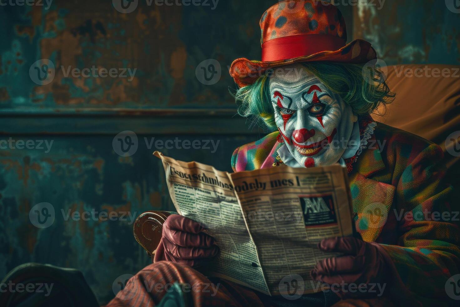 Journalist clown in vibrant attire reads newspaper with intense focus photo