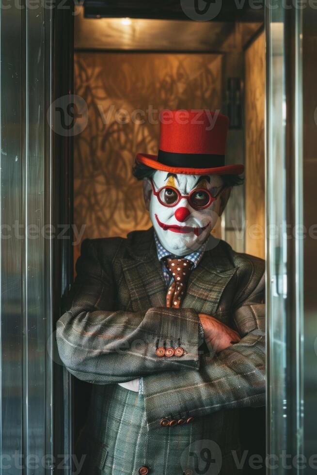 Clown in business attire poses confidently with folded arms, blending comedy with professionalism photo