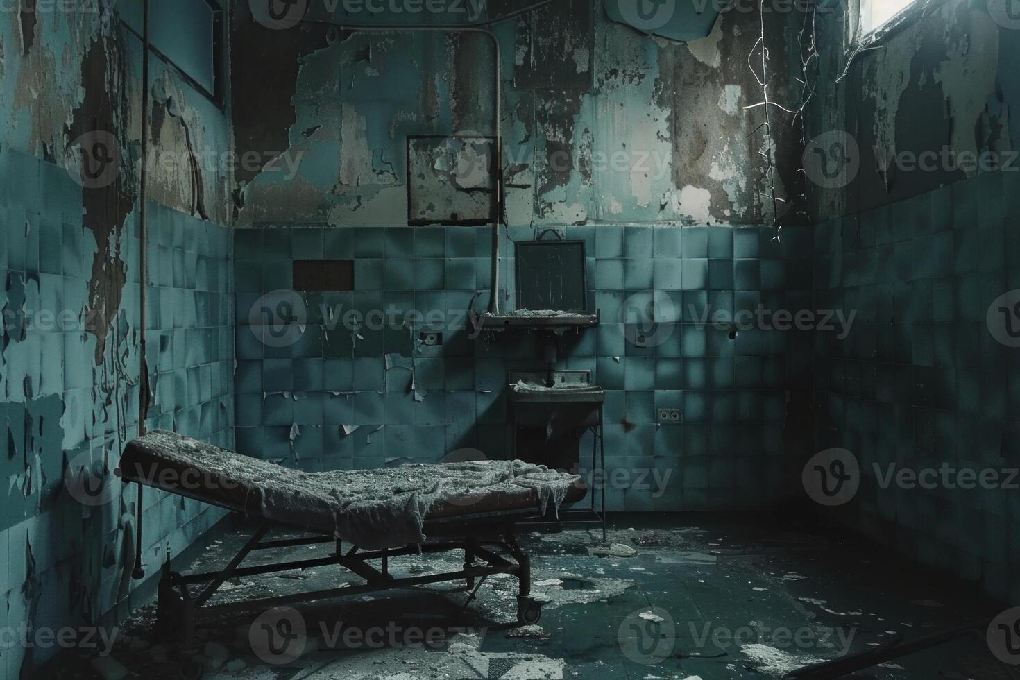 Haunting, dark image of a rusty and decaying hospital room with an eerie abandoned stretcher photo