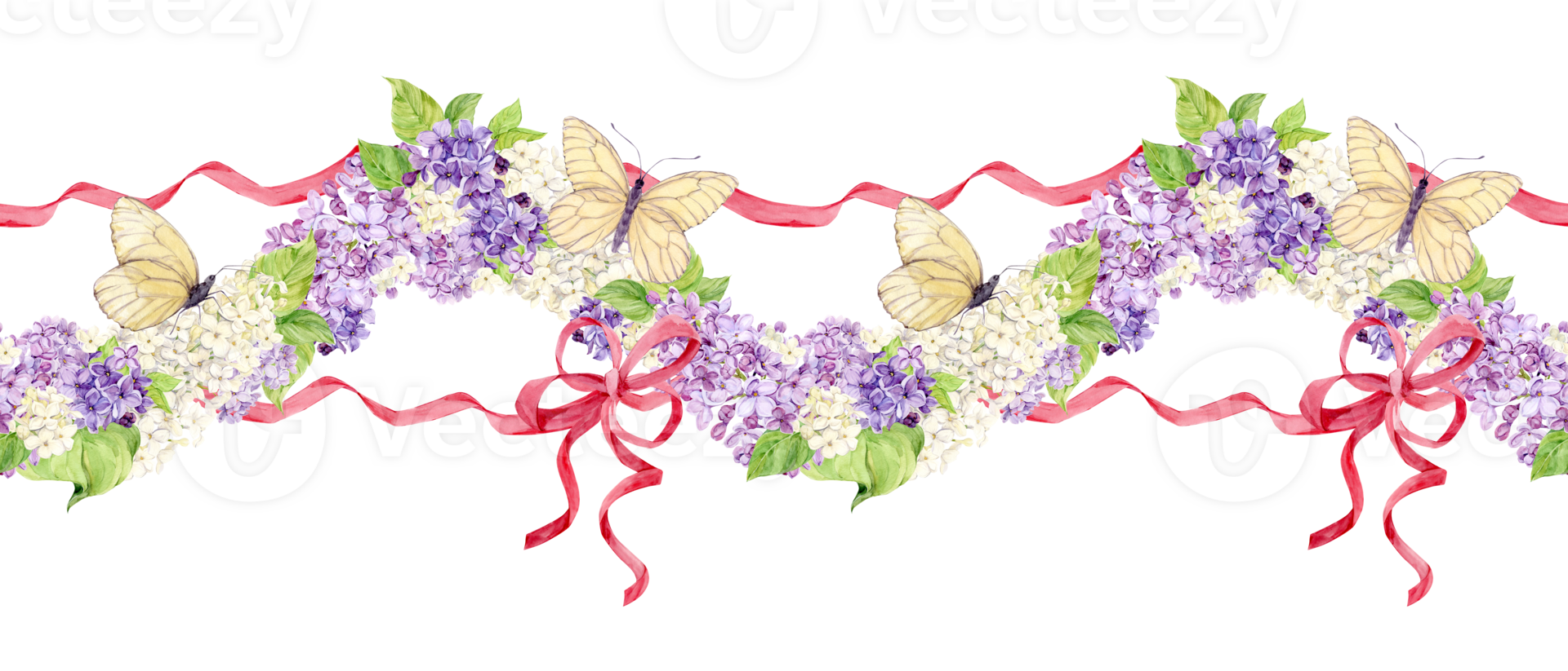 Horizontal seamless border with white and purple lilacs wrapped in pink silk ribbons. Watercolor spring flowers in botanical style. Hand drawing for printing on fabric. png
