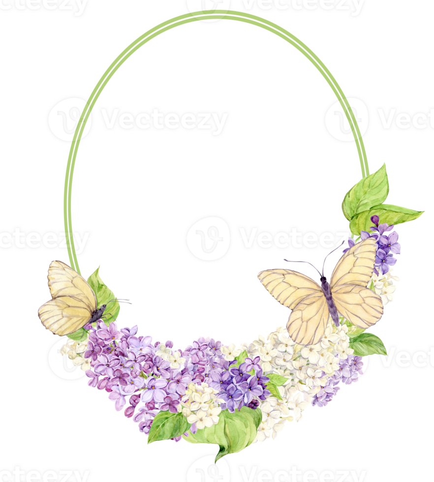 Elegant oval frame with lilacs and butterflies. Template with spring flowers with place for text. Greeting card for Mother's Day, Valentine's Day. Illustration for wedding decoration in boho style. png