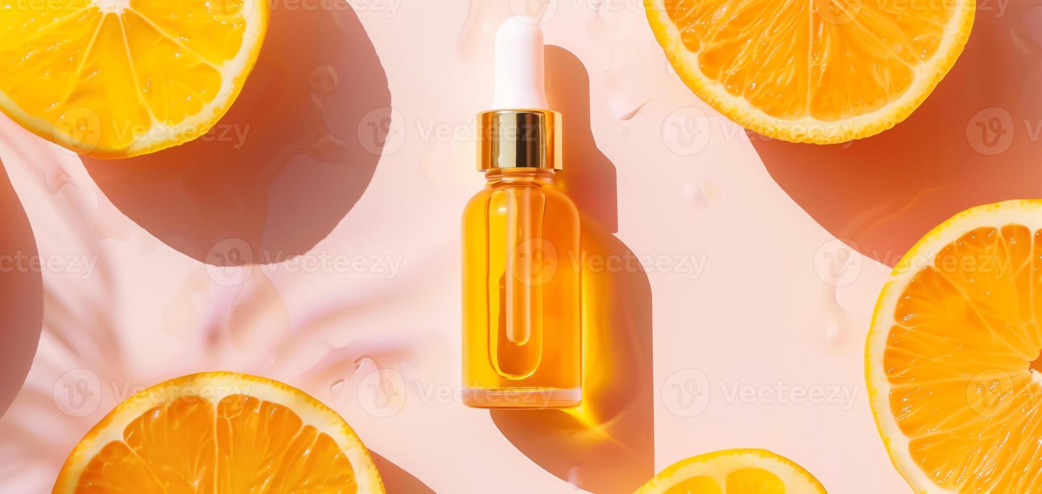 Bright and vibrant image of a serum bottle surrounded by fresh orange slices, emphasizing skincare and freshness. photo