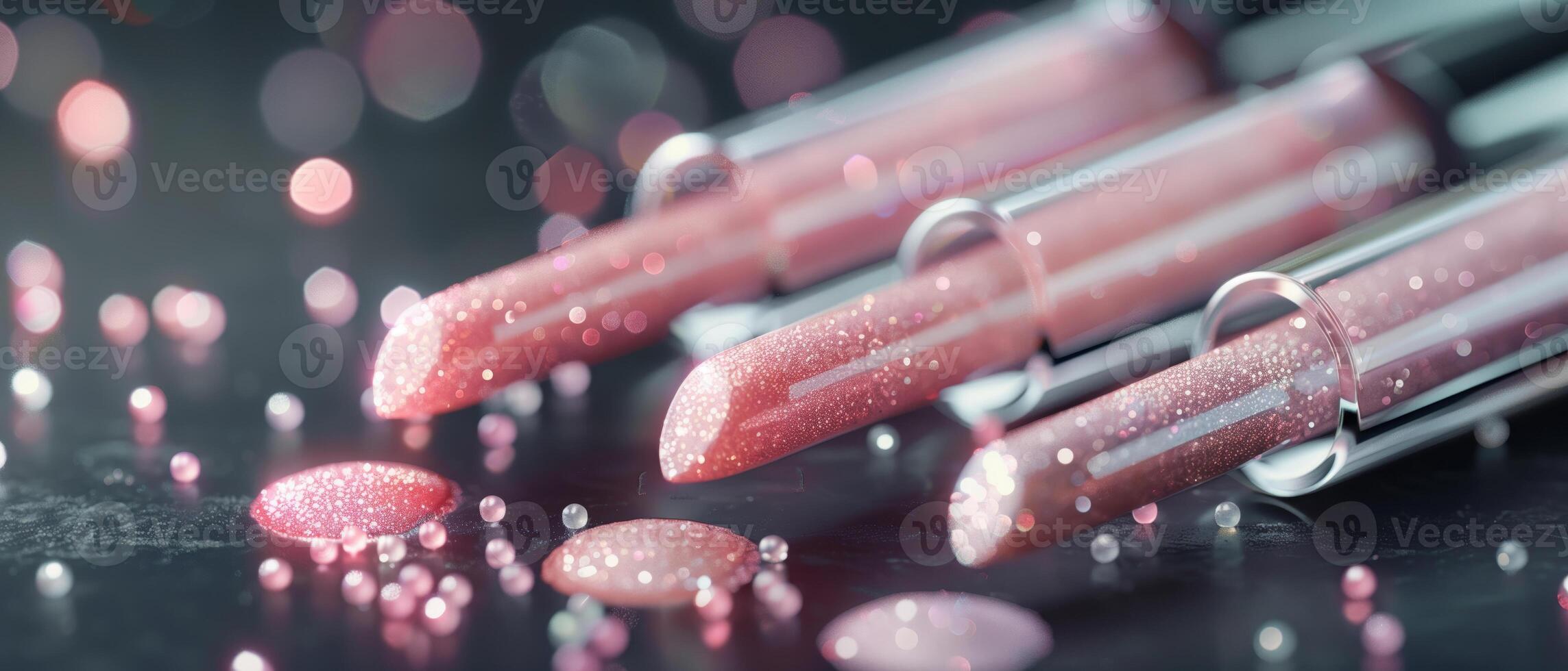 Close-up of glittery pink lipsticks on a dark background with scattered sparkles. Beautiful makeup concept shot with a stylish bokeh effect. photo
