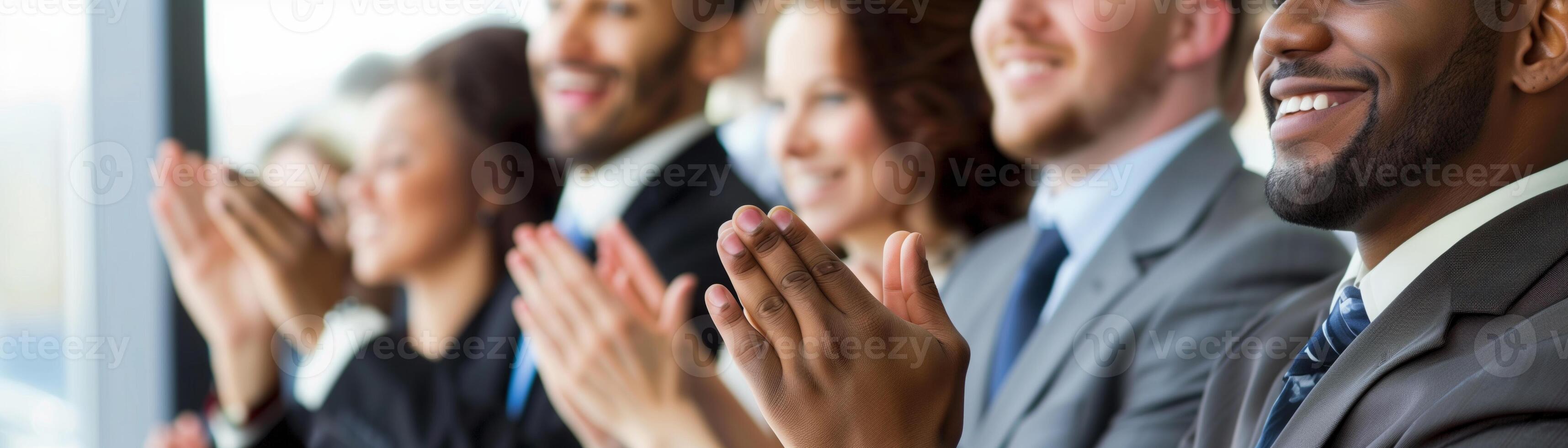 Group of professionals in a business meeting applauding with a smile, demonstrating appreciation and support. photo