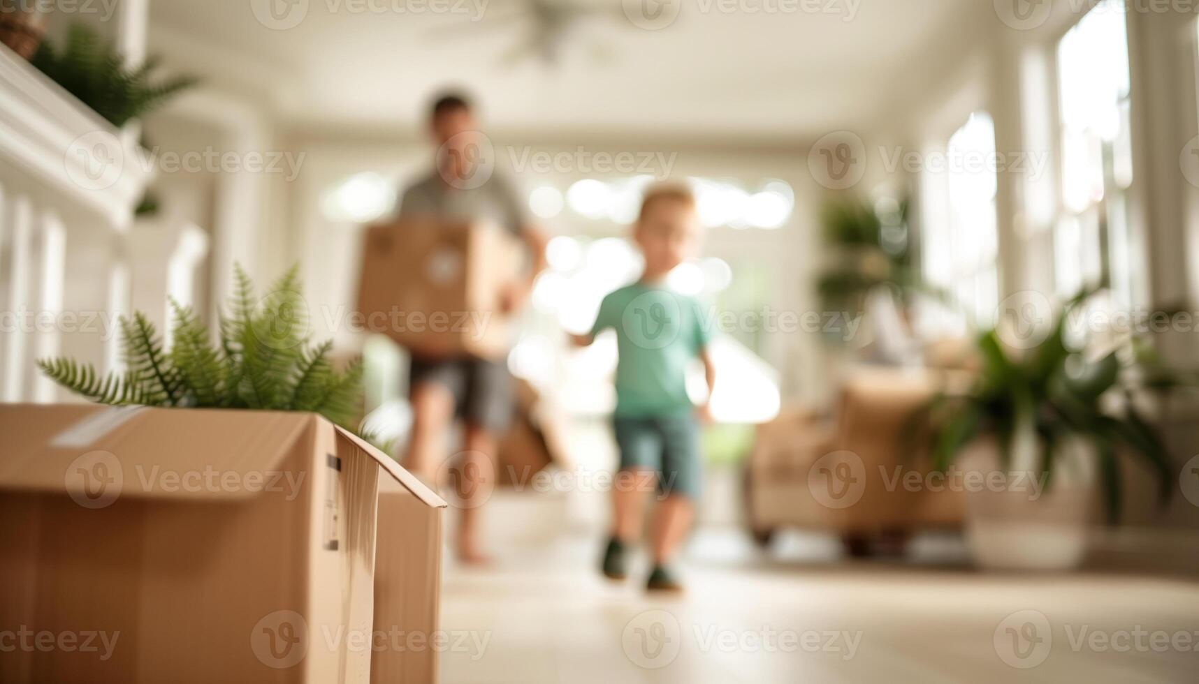 Family moving into new home with packed boxes and houseplants, capturing the joy and excitement of new beginnings in a bright and airy living space. photo