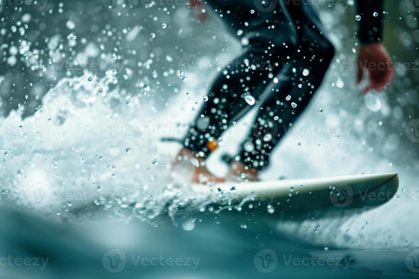 Surfer riding a wave with splashing water droplets, capturing the thrill and intensity of surfing in a dynamic shot. photo
