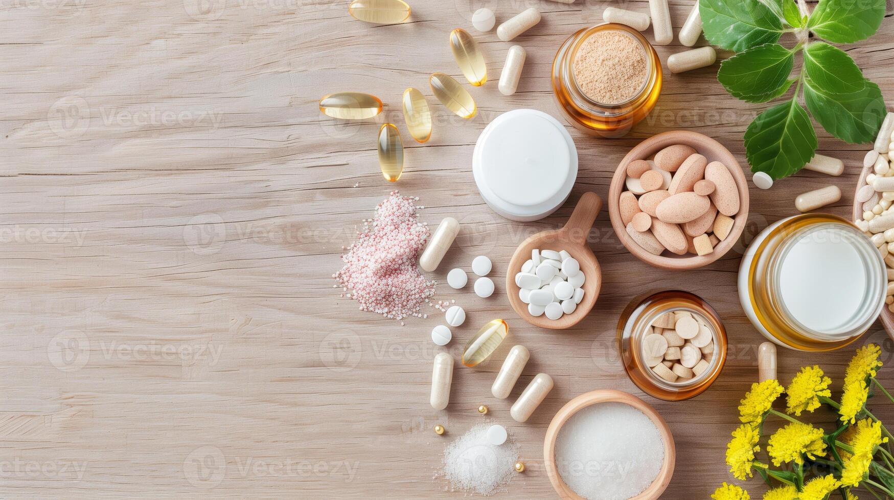 A variety of supplements including capsules, tablets, and powders on a wooden surface with natural elements like herbs and flowers. photo