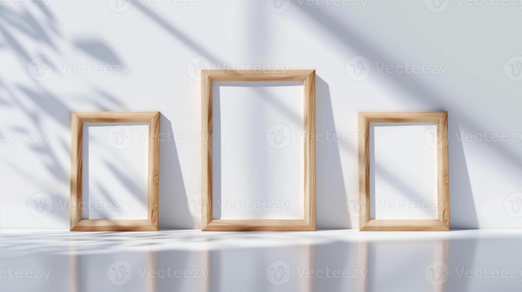 Minimalist wooden picture frames against a white wall with shadows. Perfect for art or photo displays, creating a modern, clean look.