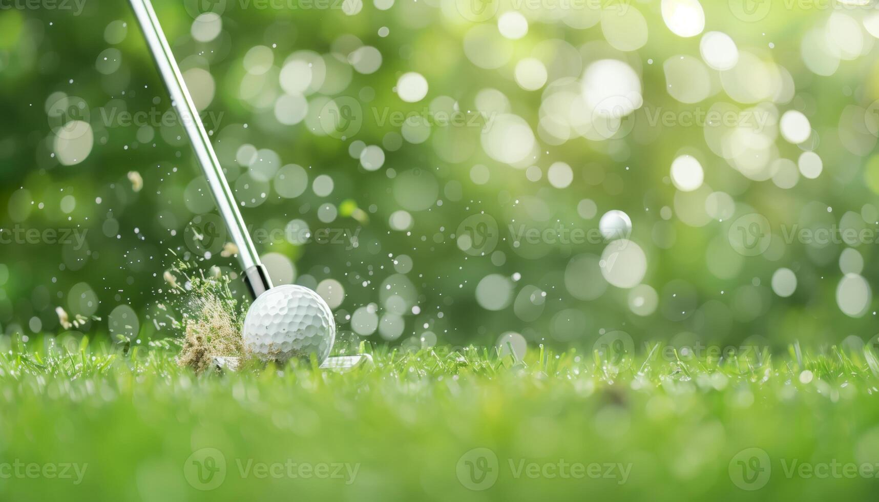 Close-up of a golf club hitting a golf ball on a green field, with sunlight creating beautiful bokeh effects in the background. photo