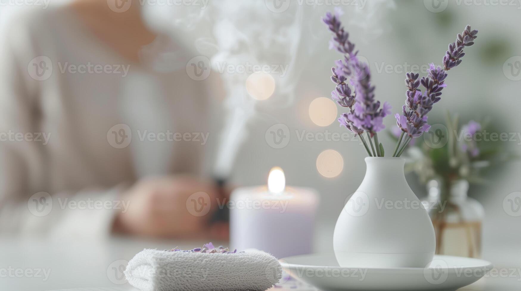 Serene spa setting with lavender flowers in a white vase, a lit candle, and a towel, perfect for relaxation and aromatherapy. photo