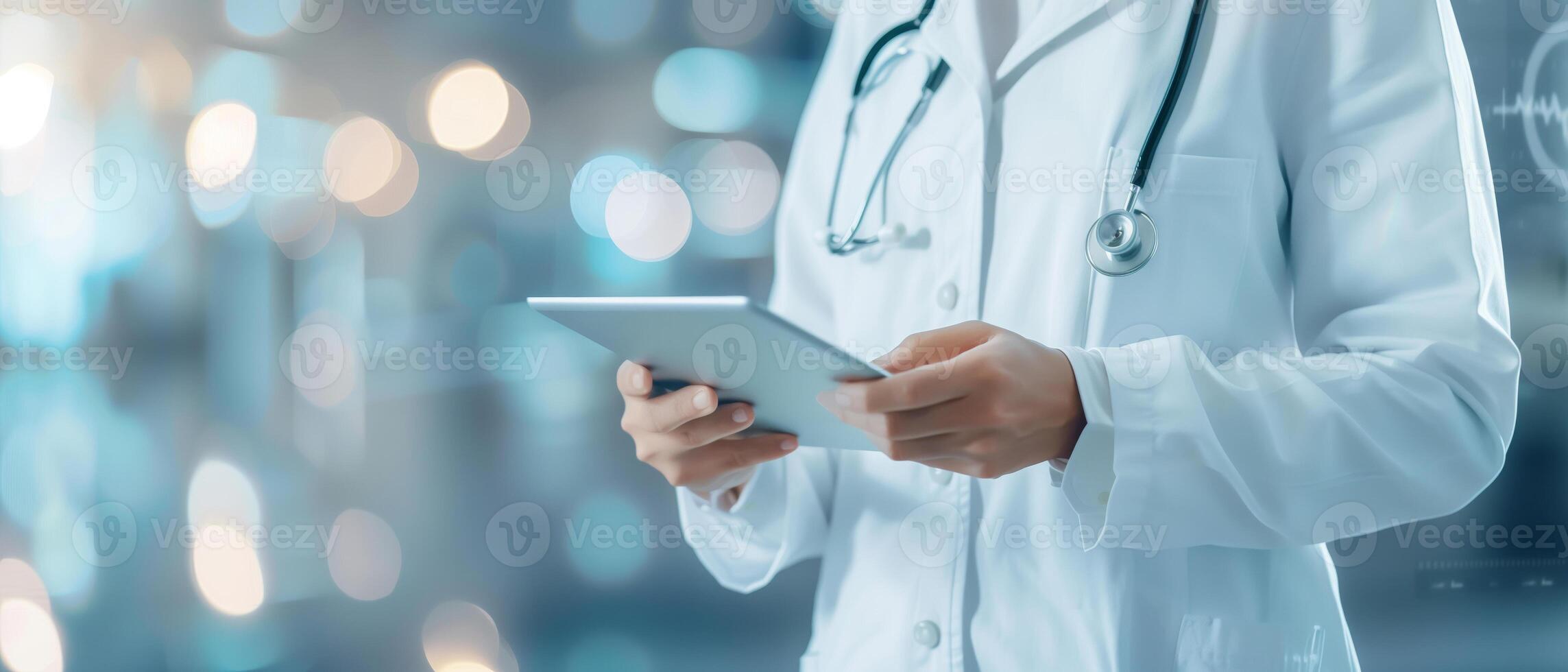 Doctor in white coat using tablet in modern hospital, representing healthcare technology and digital medical advancements. photo