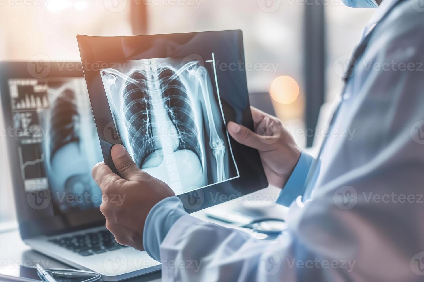 Doctor examining X-ray of lungs on a digital tablet in a modern clinic, with laptop and stethoscope on desk, daytime medical consultation. photo