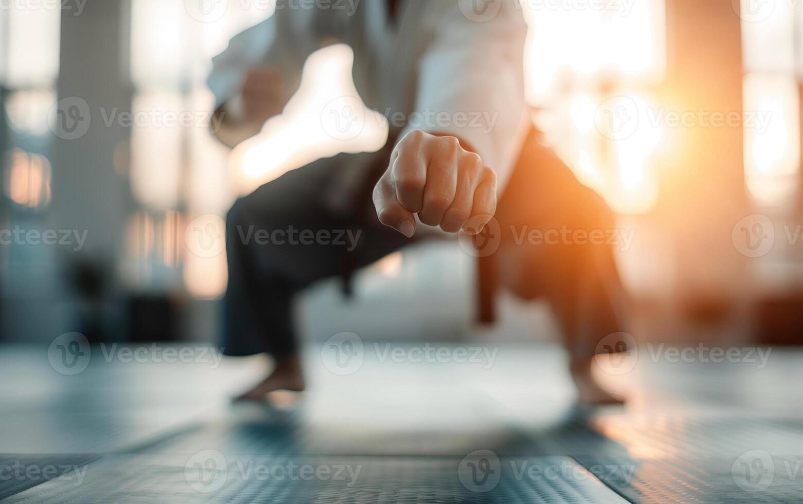Close-up of a martial artist in traditional attire focusing on a strong punch. Sunlight filters through windows in the background. photo