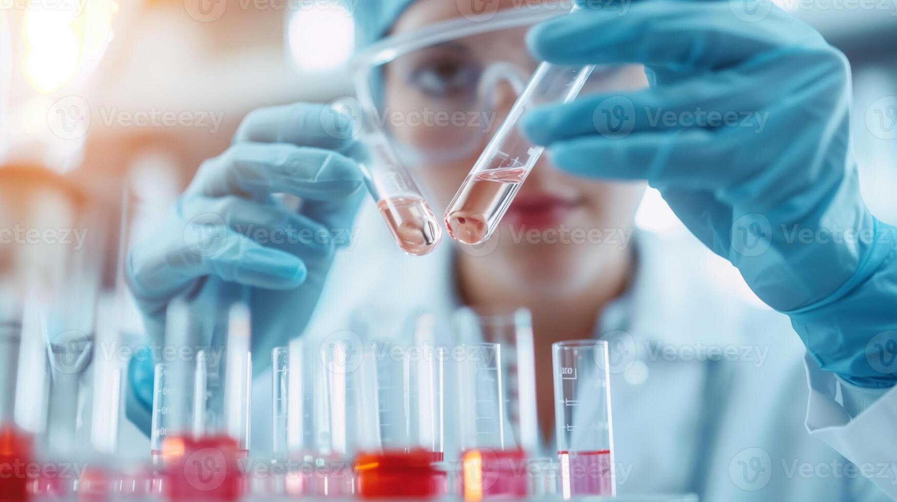 Scientist conducting research in a laboratory, carefully handling test tubes with protective gloves and safety equipment. photo
