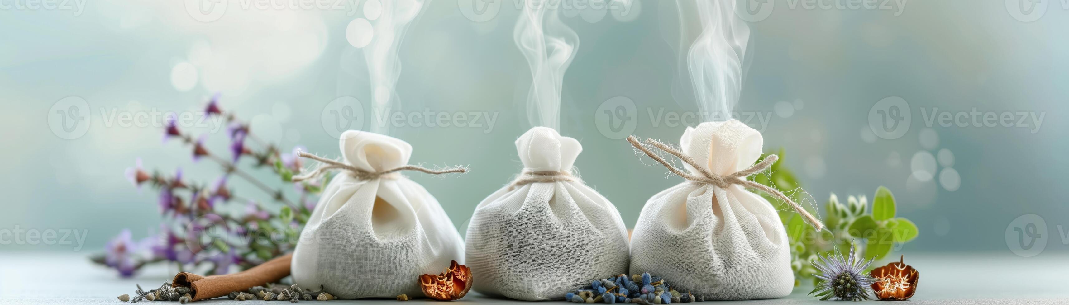 Three herbal pouches with aromatherapy steam and fresh herbs, creating a relaxing and soothing spa ambience. photo