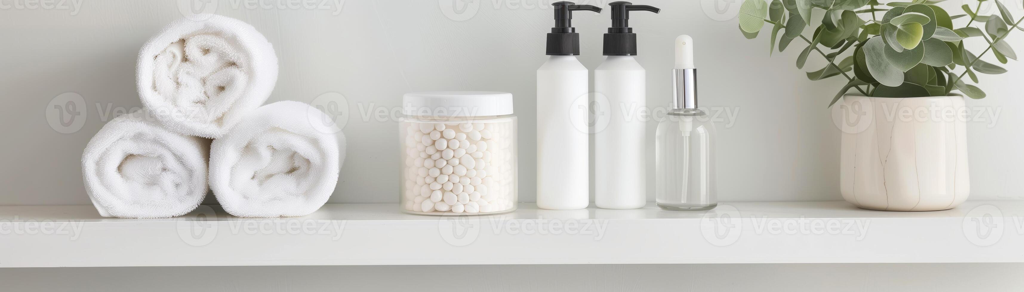 Minimalist bathroom shelf with rolled towels, spa products, and a plant, creating a relaxing and clean look. photo