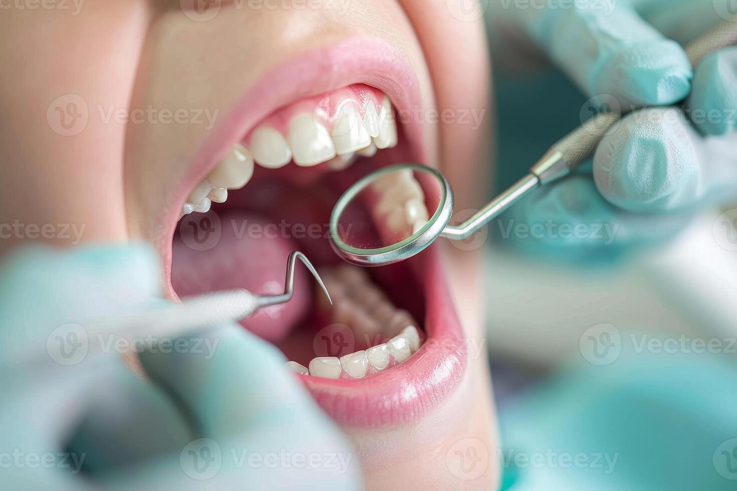 Close-up view of a dental checkup with dentist examining patient's open mouth using dental tools. Oral health and dental care concept. photo