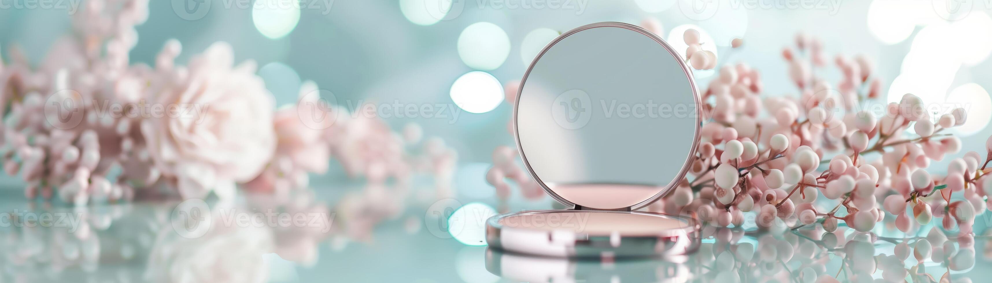 Elegant compact mirror with blooming flowers and a bokeh background, perfect for a feminine and delicate aesthetic. photo