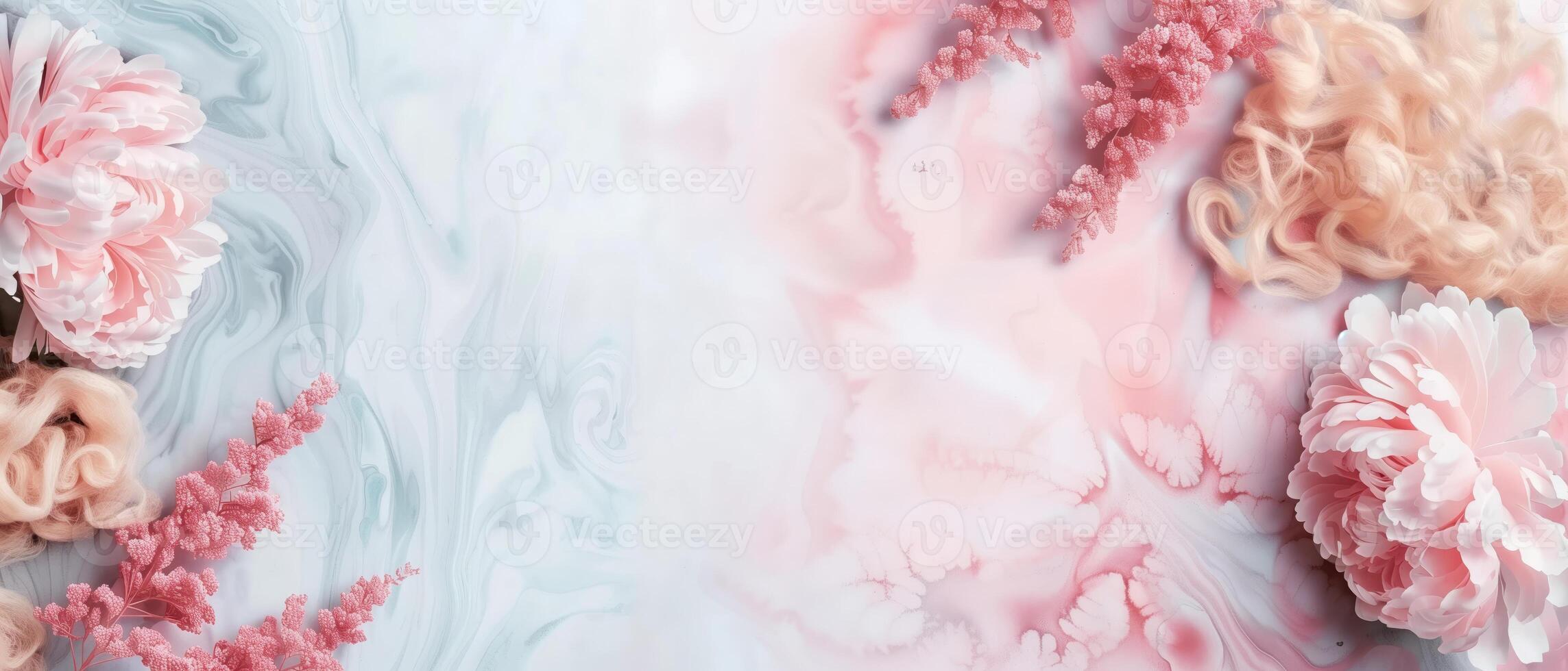 Soft pastel floral background with pink and beige flowers on a marble textured surface, creating a romantic and elegant design. photo