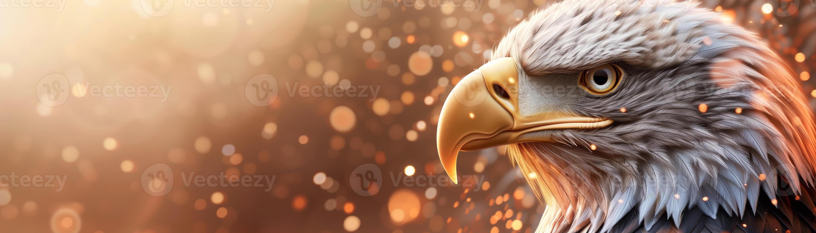 Close-up of a majestic bald eagle with detailed feathers, set against a blurred golden background with sparkling bokeh effects. photo