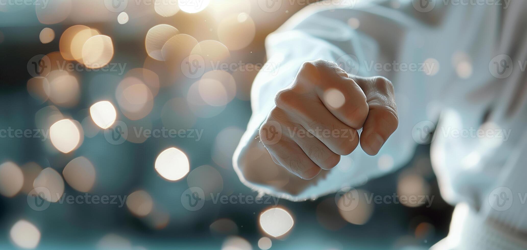 Close-up of a martial artist's fist in action, focusing on movement and discipline with a blurred background showing sparkling lights. photo