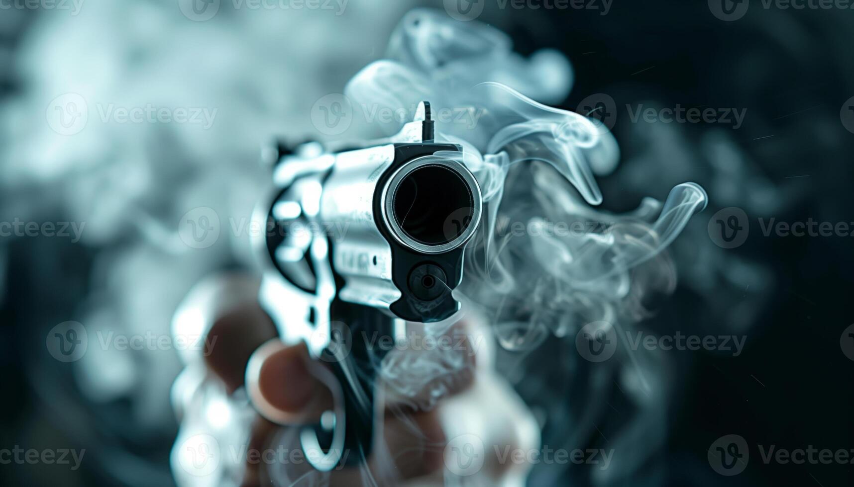 Close-up view of a handgun with smoke around the barrel, emphasizing its power and intensity in a dramatic scene. photo