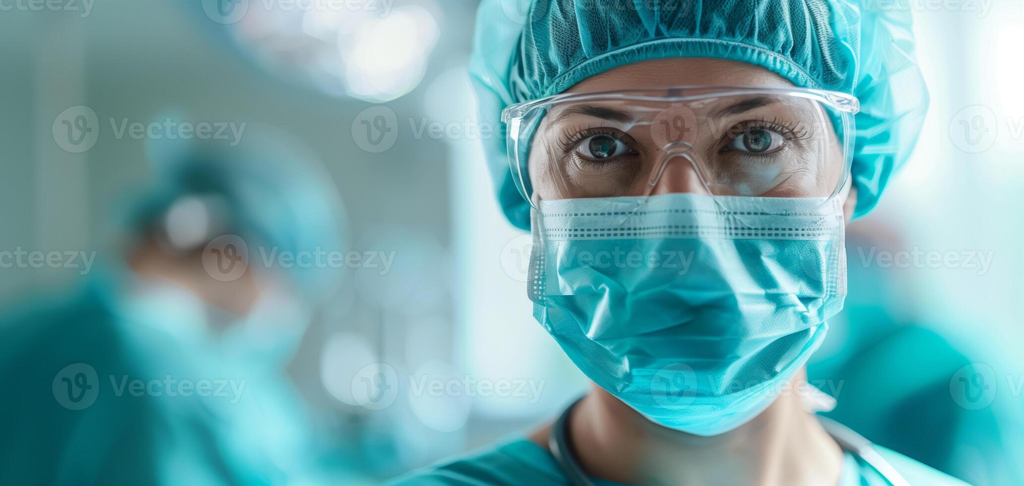 Close-up of a focused female surgeon wearing a surgical mask and cap in an operating room. Background blurred with another surgeon visible. photo