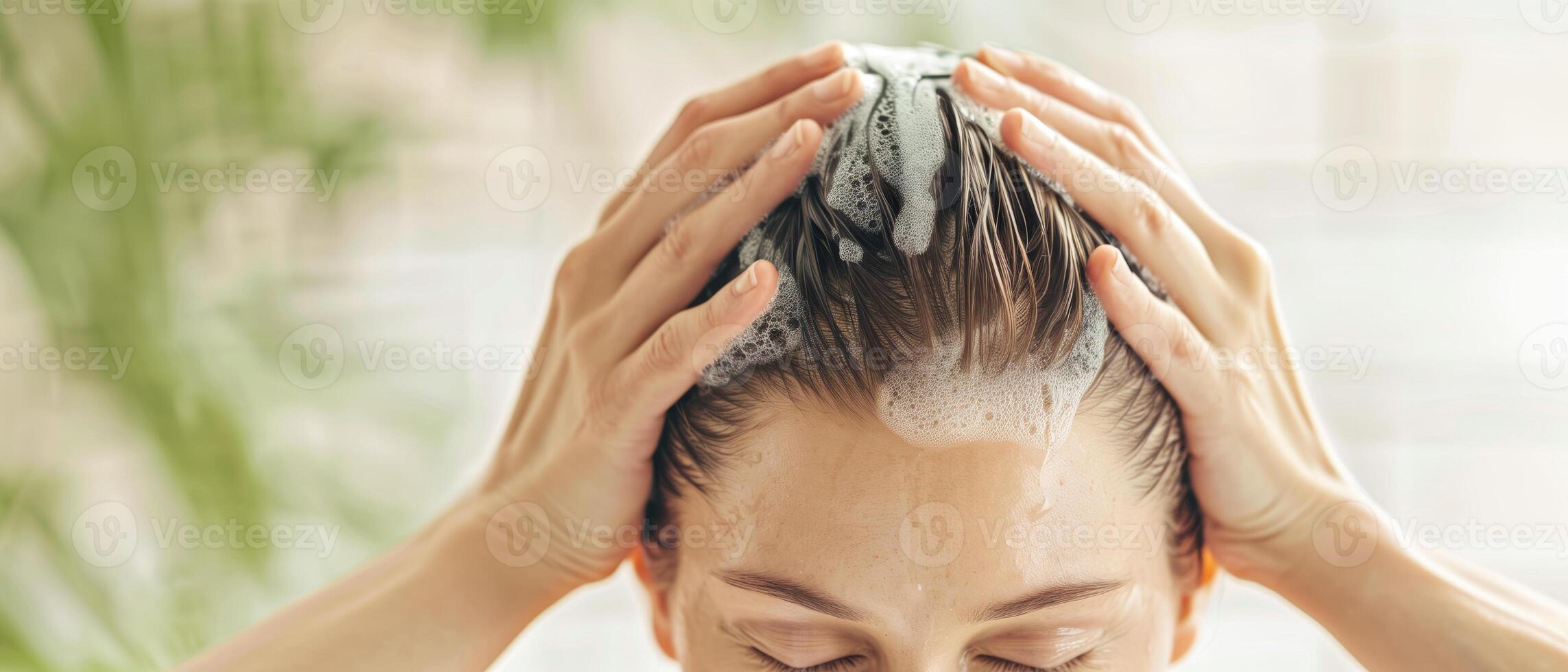 Close-up of a person washing their hair with shampoo, showing hands massaging foam on the scalp in a bright bathroom setting. photo