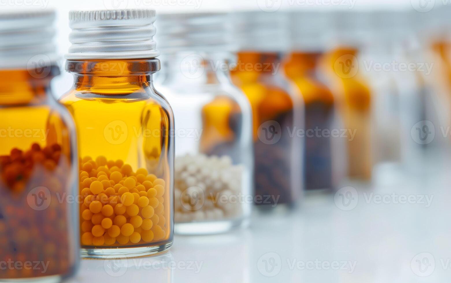 Close-up of small glass bottles filled with colorful granules, neatly lined up on a reflective surface, showcasing a lab or medical setting. photo