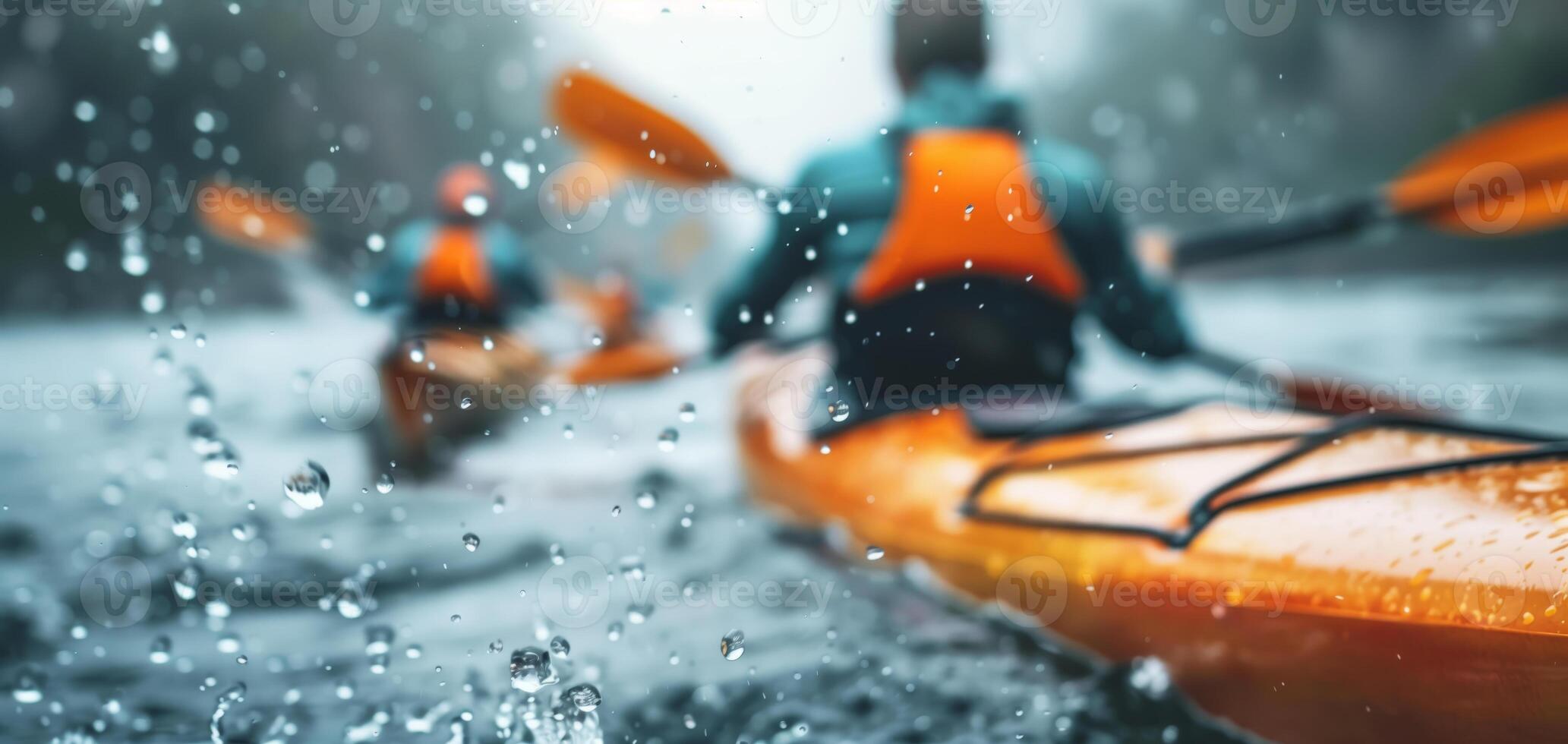 Adventurous people kayaking in a river, splashing water all around. Focused on the excitement and movement of the sport in nature. photo