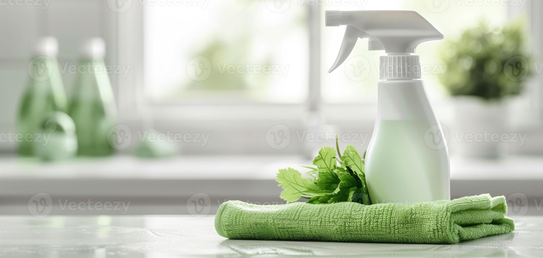 Cleaning spray bottle and green cloth in a bright kitchen. Concept of eco-friendly cleaning solutions and home hygiene. photo