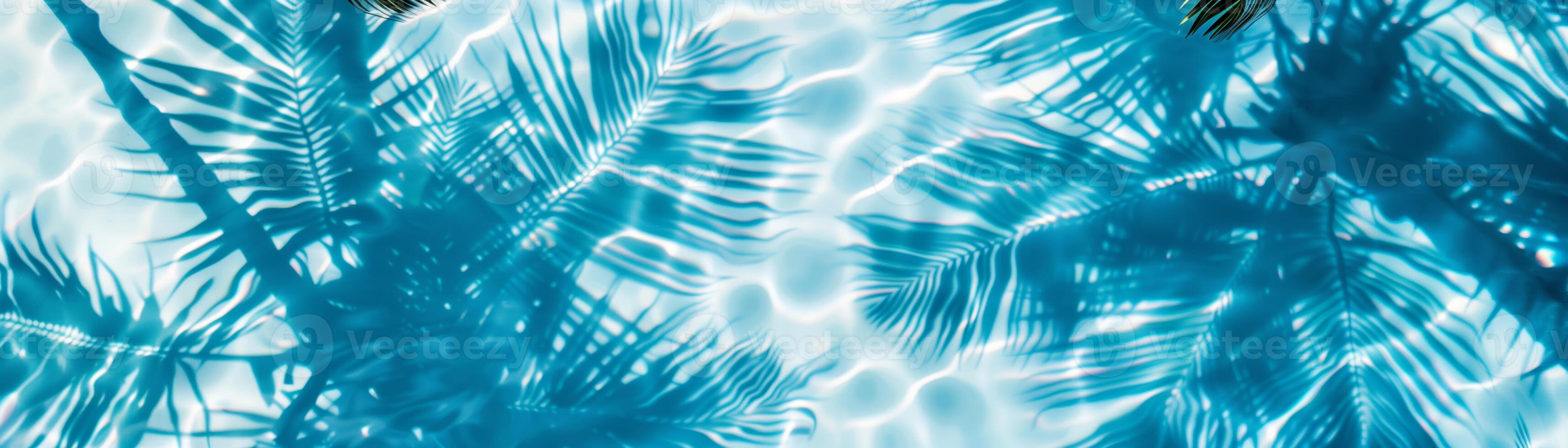 Refreshing blue swimming pool with sunlight reflecting and palm shadows creating a tropical and tranquil atmosphere. photo