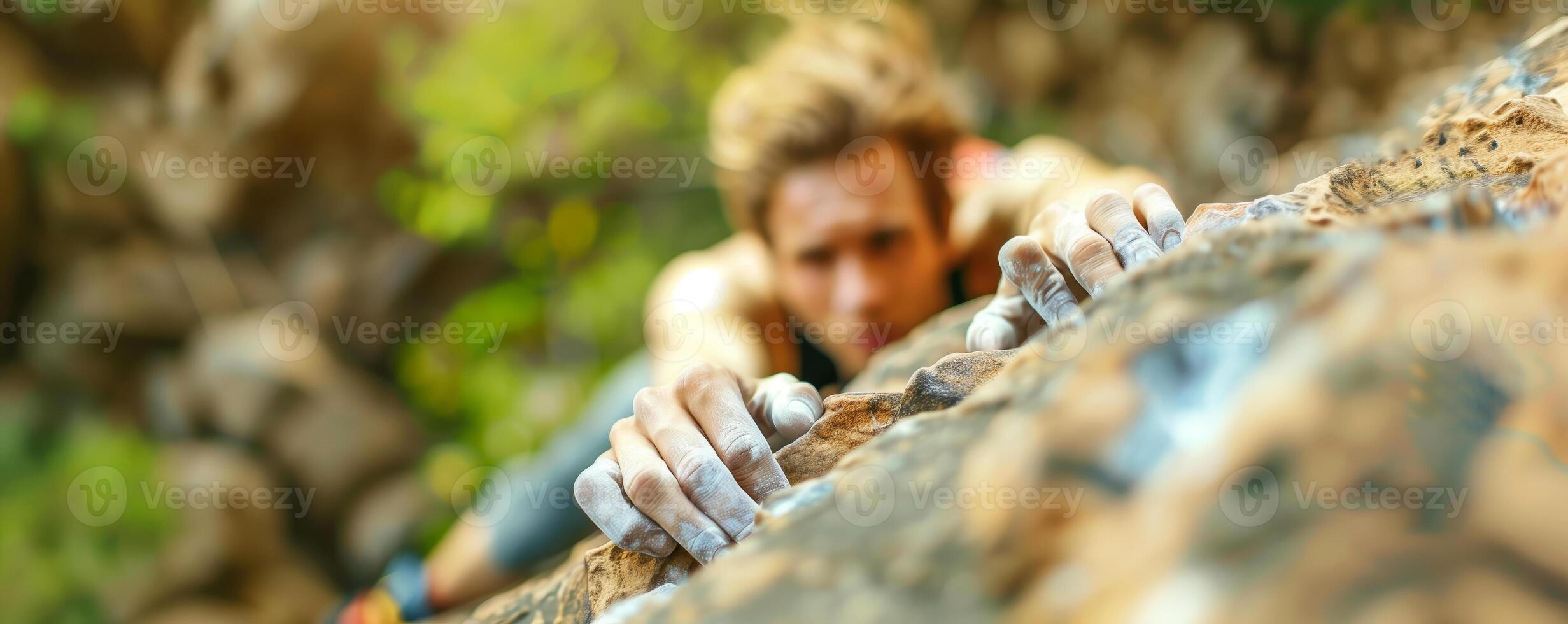 A determined rock climber scales a challenging outdoor cliff, focusing on the next handhold during a sunny day. photo