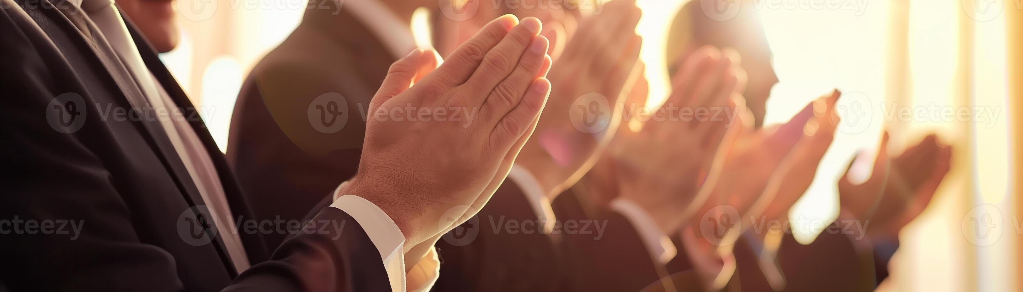 Business professionals clapping hands in appreciation during a meeting or conference, expressing support and encouragement. photo