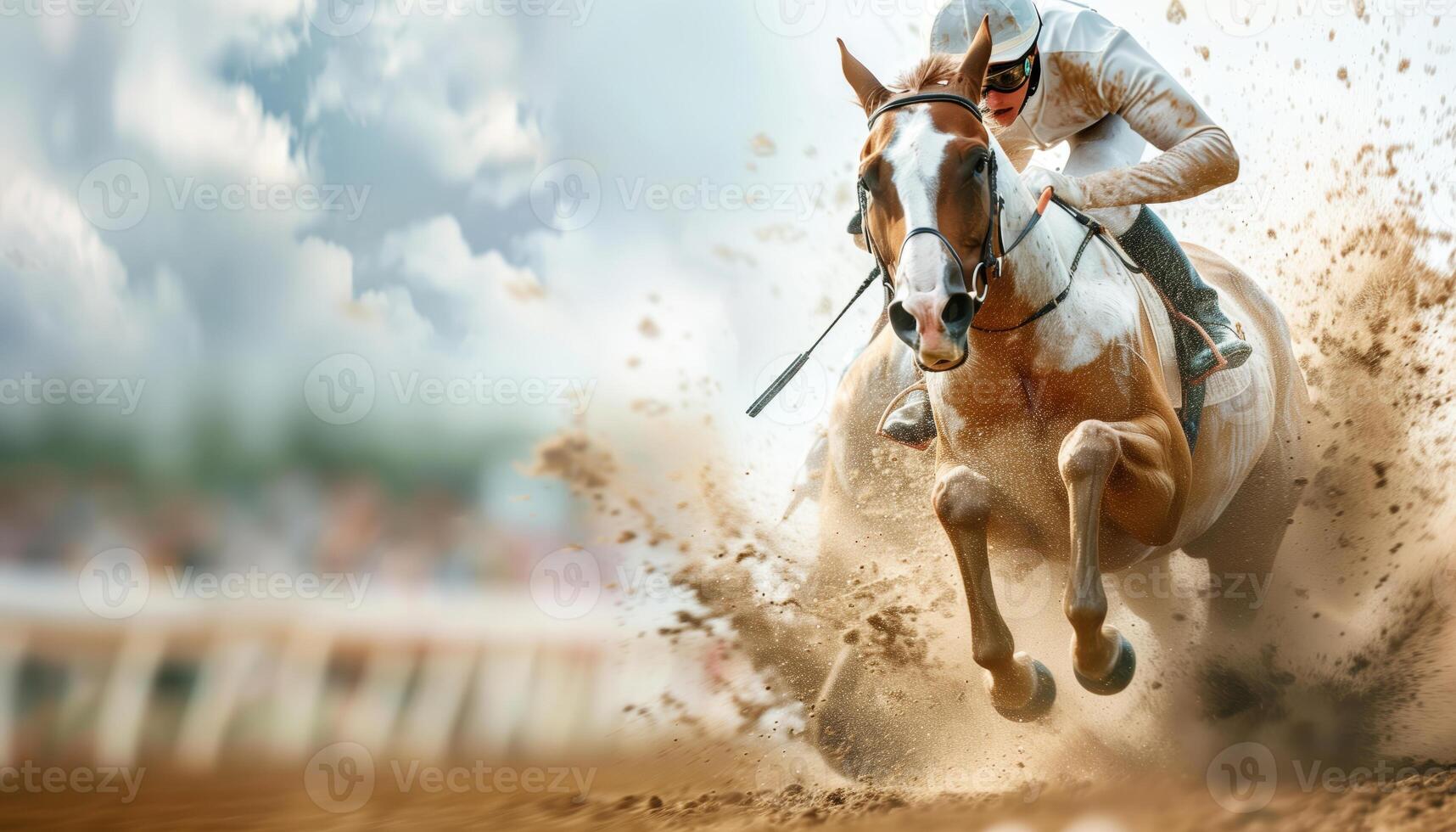 Dynamic action shot of jockey riding a horse at full speed during a thrilling race, with a blurred background highlighting the motion. photo
