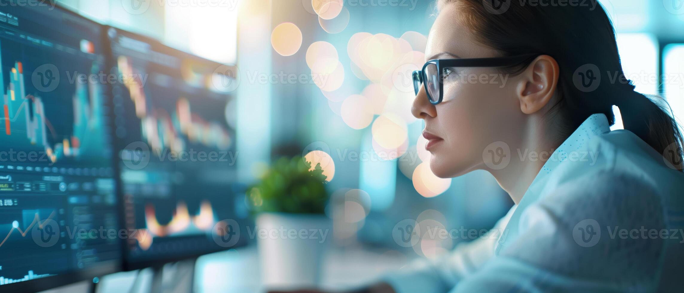 Professional woman analyzing stock market data on multiple screens in a modern office, focusing intently on financial charts and graphs. photo