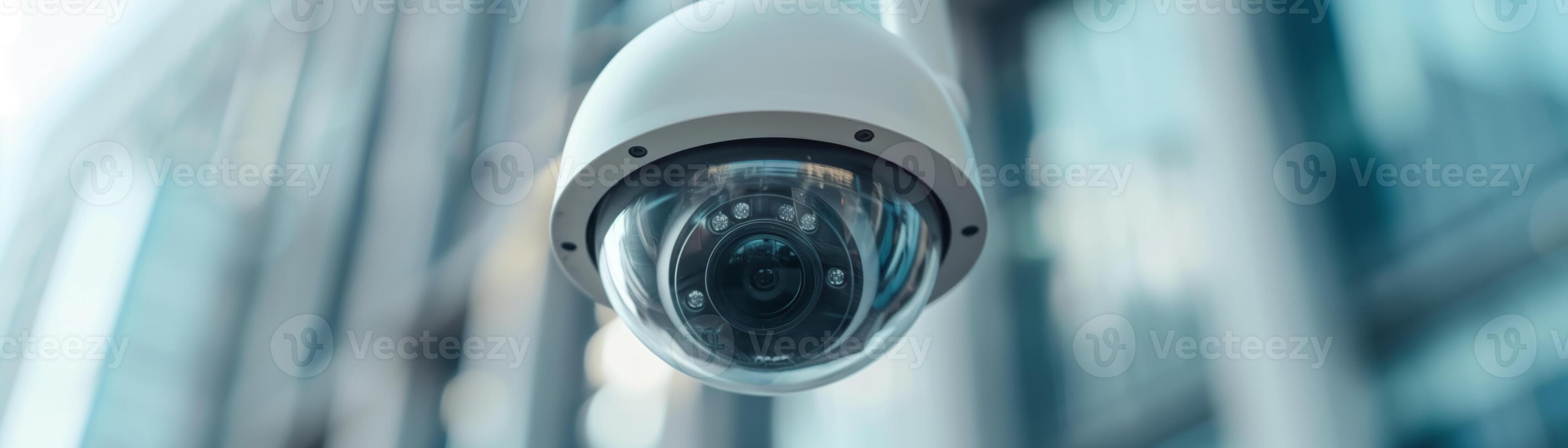 Close-up of a modern security camera with a blurred background of buildings, showcasing surveillance and safety technology. photo