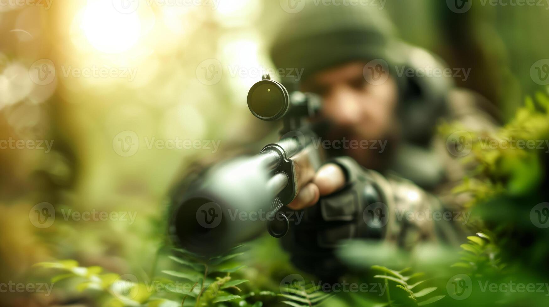 Sniper aiming through rifle scope in a forest during a hunting expedition, soft sunlight in the background, green foliage in focus. photo