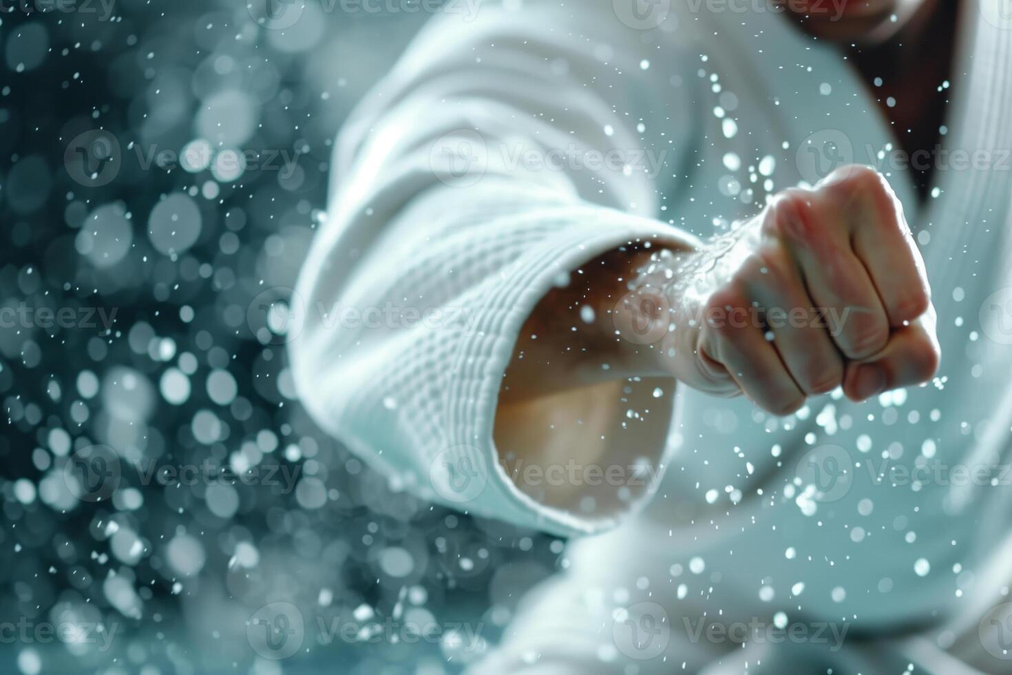 Close-up of a martial artist's fist in a white gi, with water splashing, symbolizing power, focus, and precision. photo