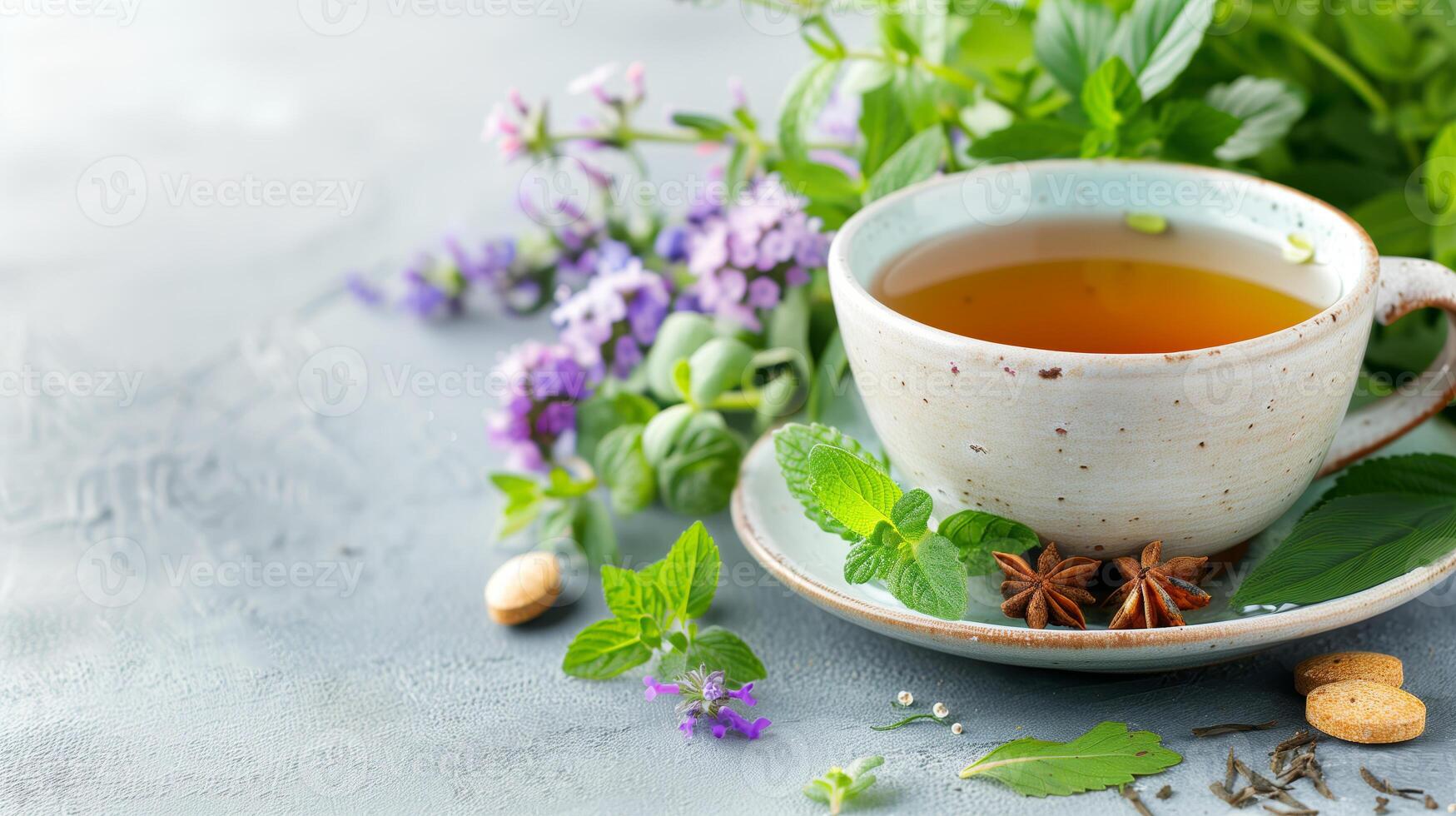 Cup of herbal tea surrounded by fresh herbs and flowers on a gray background, perfect for a peaceful and calming atmosphere. photo