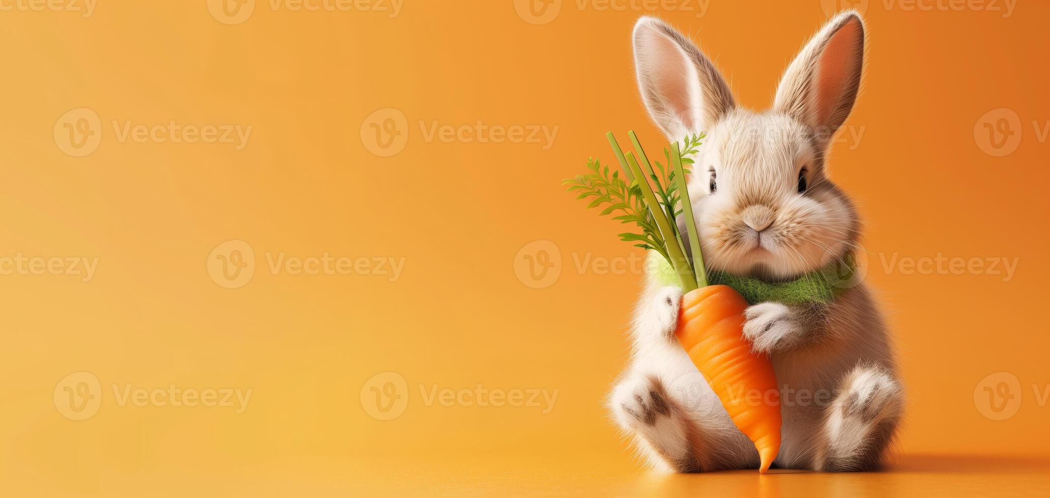 Adorable bunny holding a carrot on an orange background, perfect spring or Easter themed stock photo with cute animal.