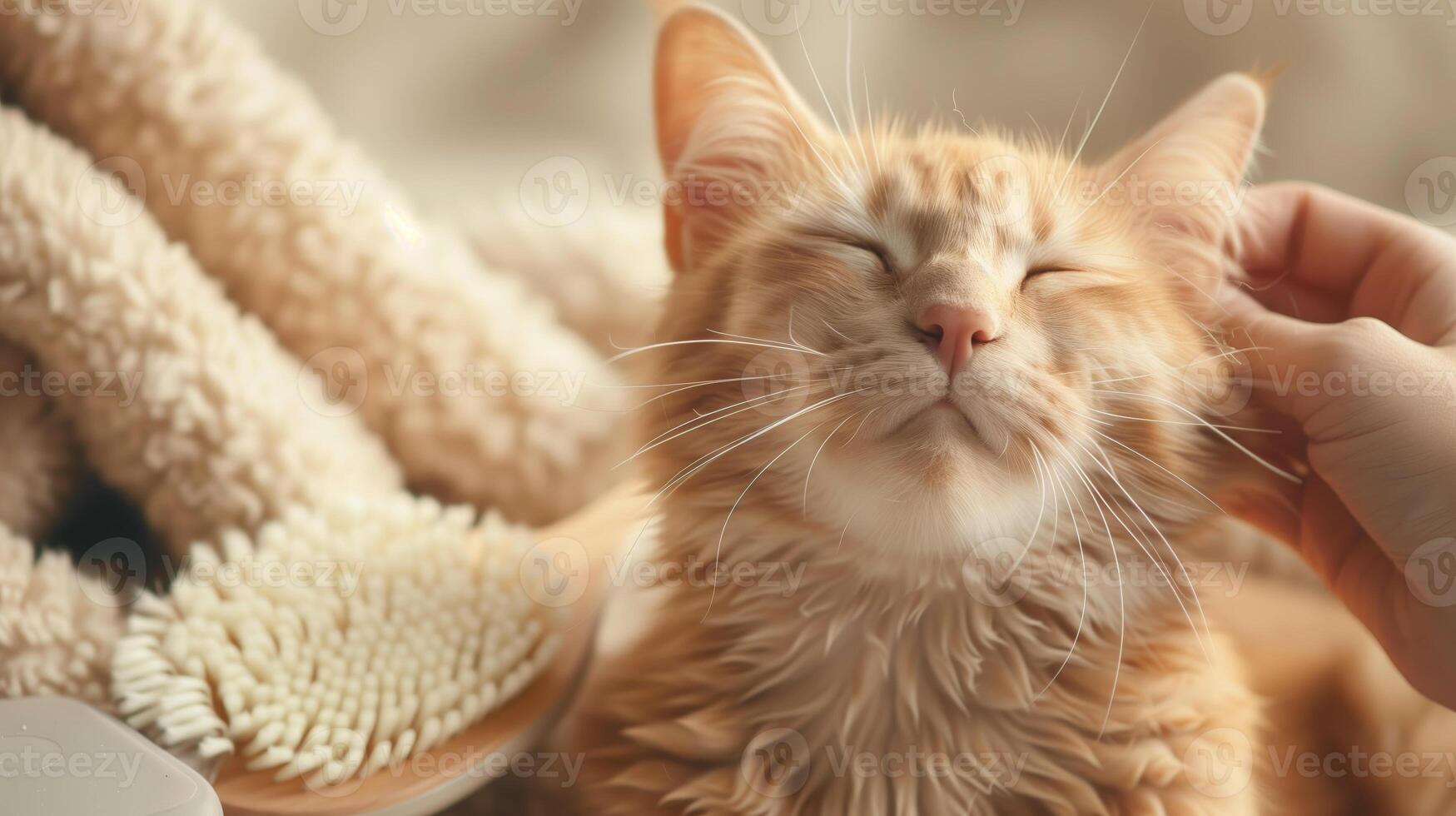 Close-up of a content orange tabby cat being petted, with a grooming brush visible in the background. photo