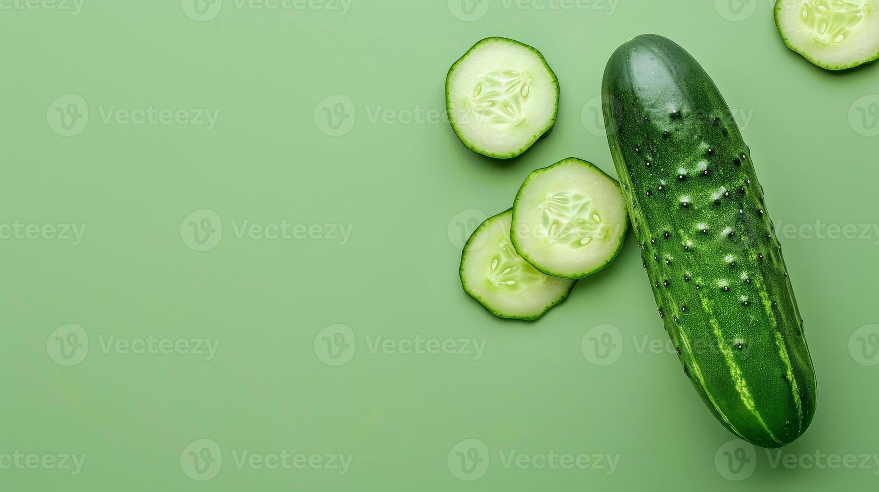 Fresh cucumber with sliced pieces on a green background, perfect for food and health-related visuals, emphasizing freshness and nature. photo