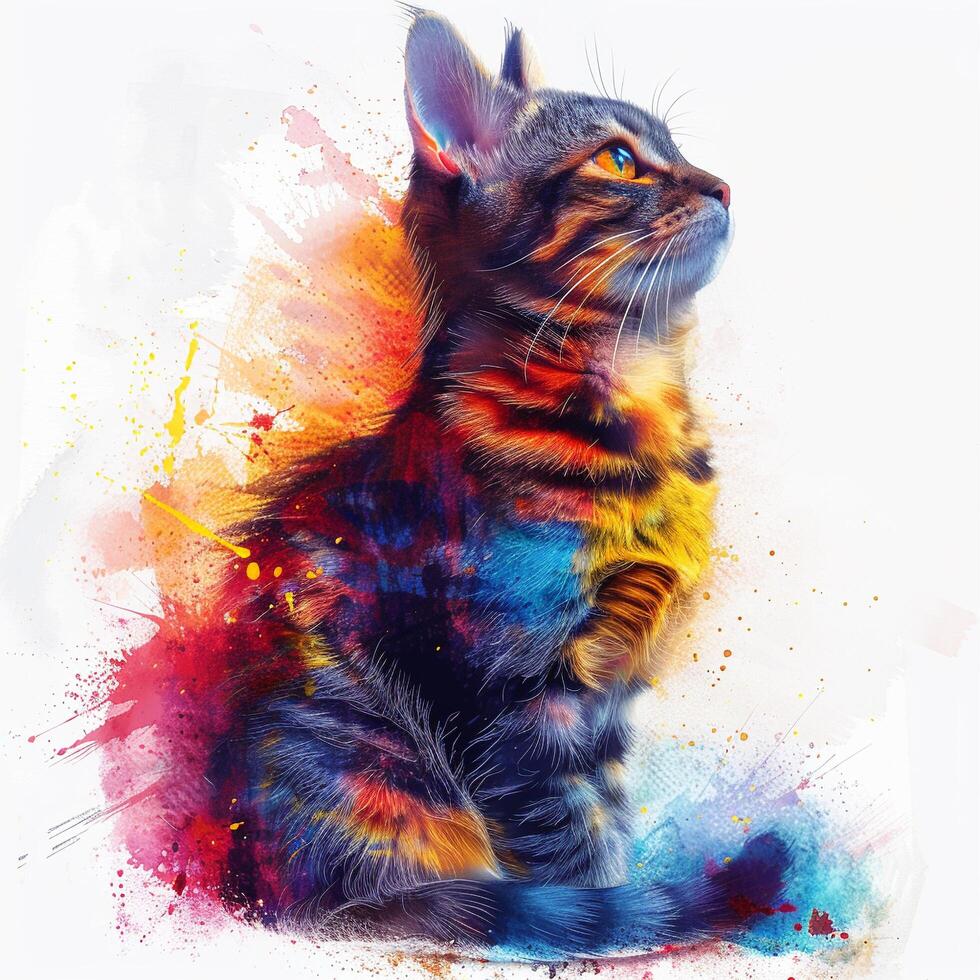 a colorful cat sitting on a white background photo