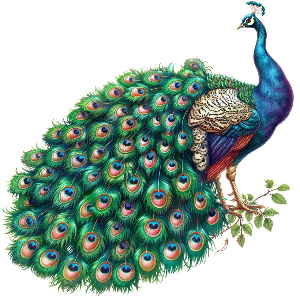 a peacock is standing on a branch with its tail feathers spread photo