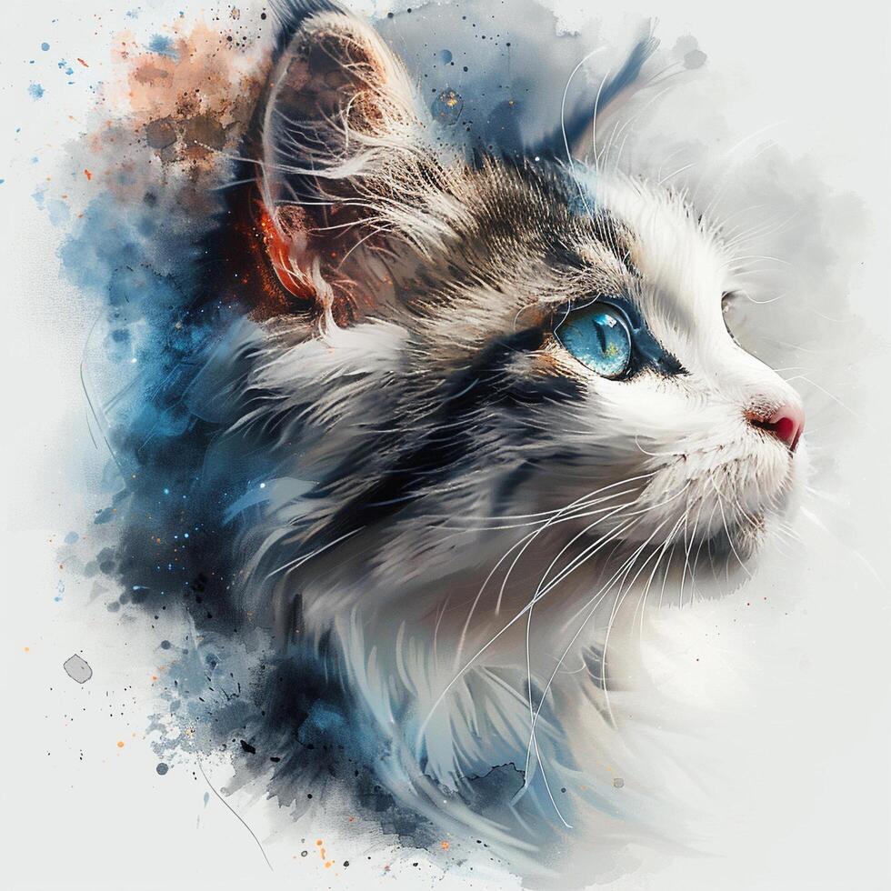 a painting of a cat with blue eyes photo
