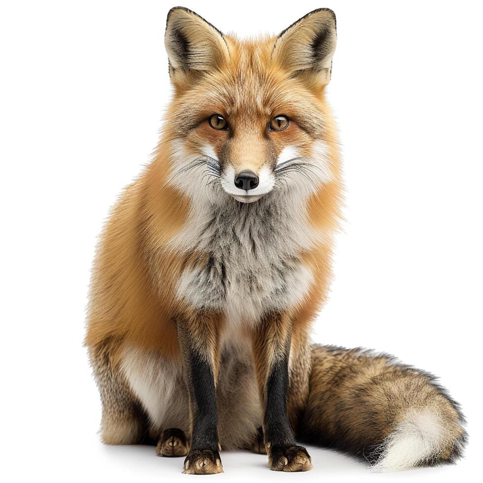 a red fox sitting down on a white background photo